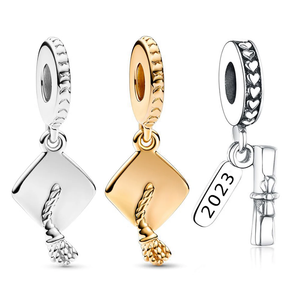 

New Silver and Gold Color Graduation Cap Dangle Charm Fit Original Pandora Bracelet DIY Pendant Jewelry Gift for Family Friend