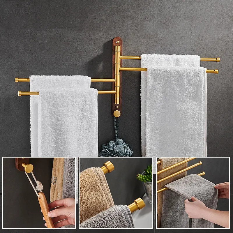 Innovative Wood Rotary Towel Hanger Waterproof Brushed Gold Towel Bar Wall Mounted Folding Bathroom Holder Clothes Hanger
