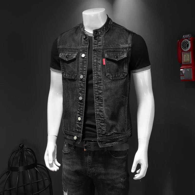2024 High Quality Fall on The New Fashion Handsome Trend Everything Black Stand Collar Large Size Cowboy Vest Man   Vest for Men 2