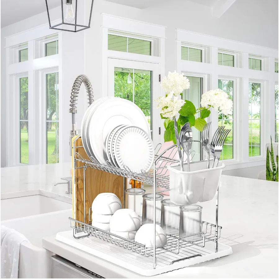 2Tier Stainless Steel Dish Rack with Drainboard Chrome for Kitchen