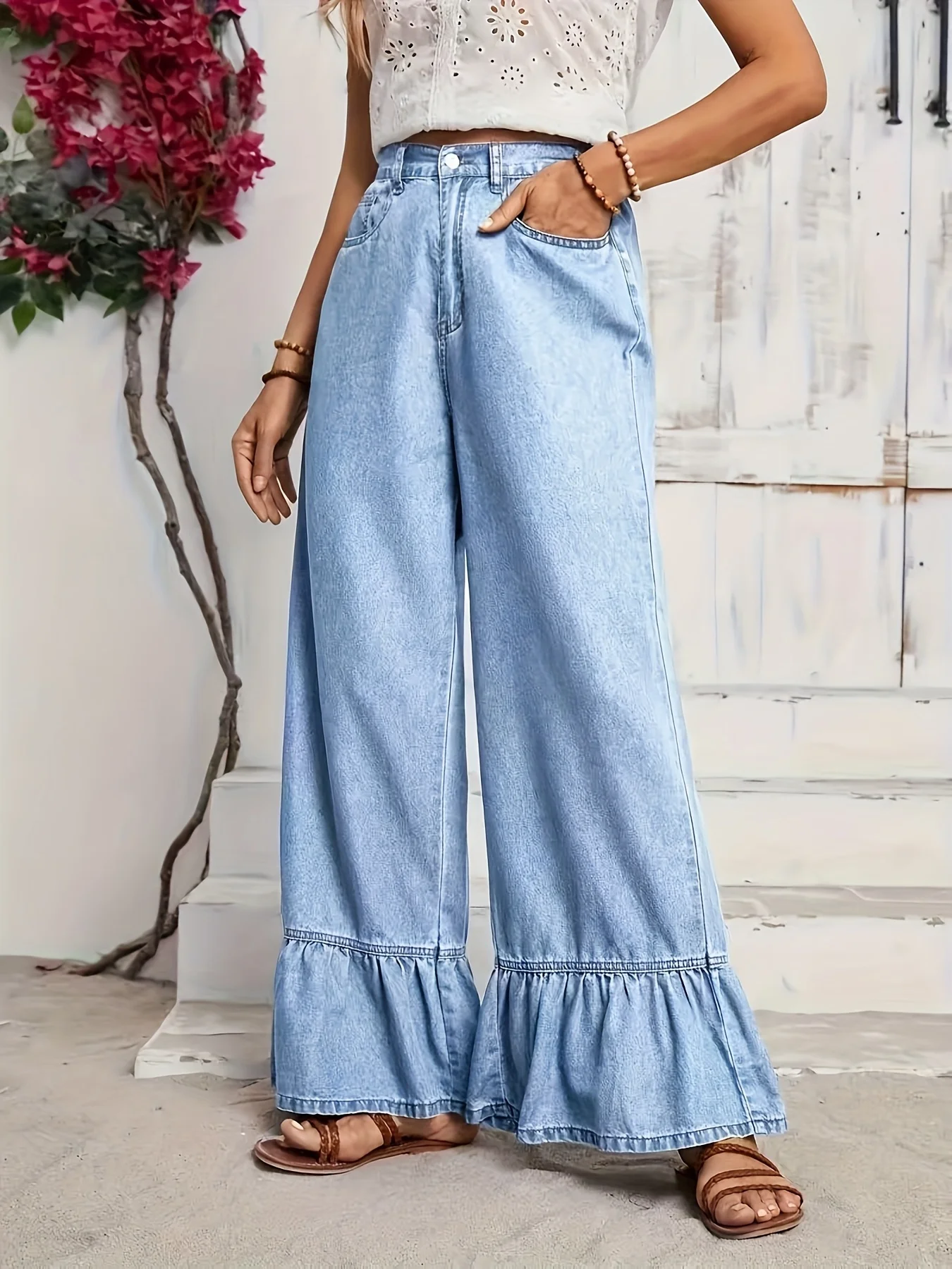 Jean large bleu clair à volants pour femme, taille haute, coupe décontractée, pantalon long