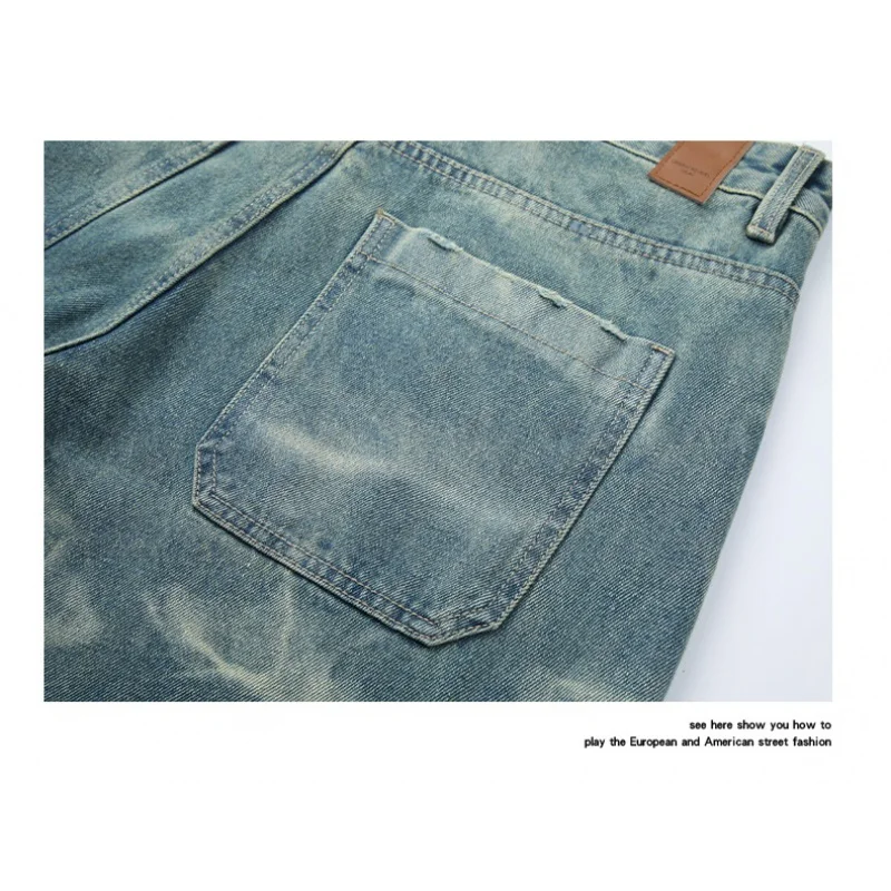 High-end Korean version of the personality of washed ripple vintage blue men's jeans wide-legged casual loose straight jeans