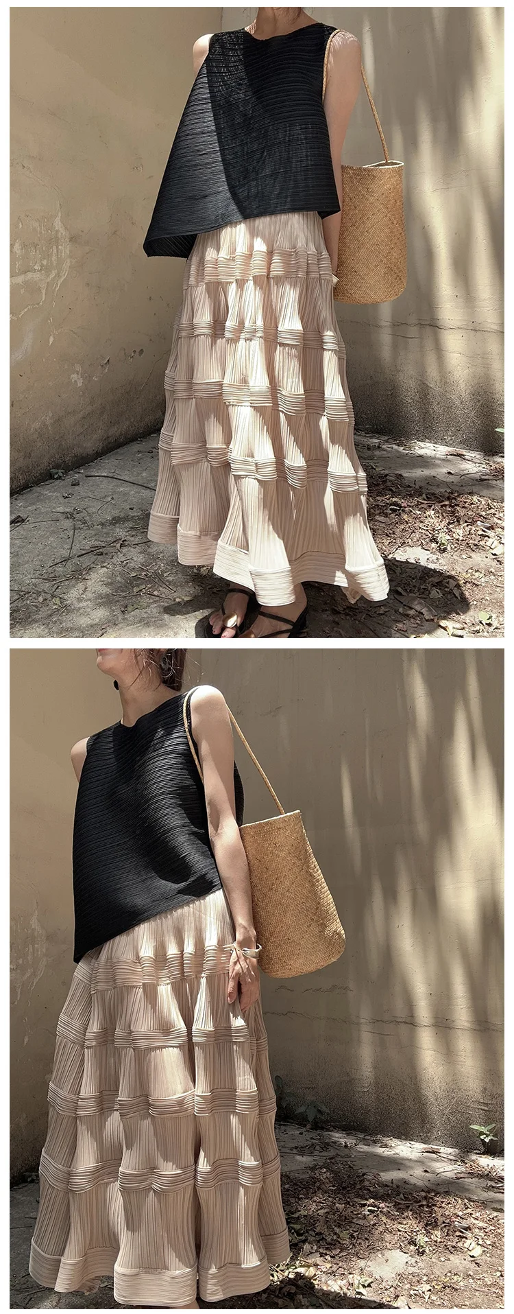 Miyake Pleated Wave Pattern Cake Skirt Original Designer Women 2024 Spring Korean Fashion High Waist Long Swing Flower Bud Skirt
