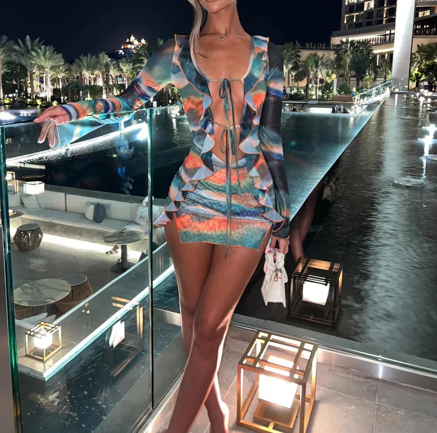 Mesh Lace Patchwork Slim Bodycon Autumn Winter Hollow Out Nightclub Party Mini Dress main image 0