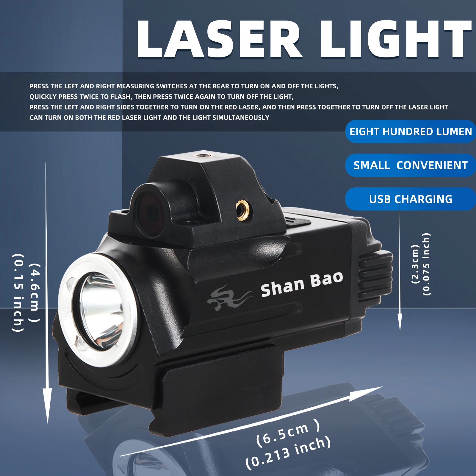 

Shanbao 800 Lumen Flashlight Can be equipped with 20mm fixing clip Red Laser Combo USB Rechargeable Light Laser