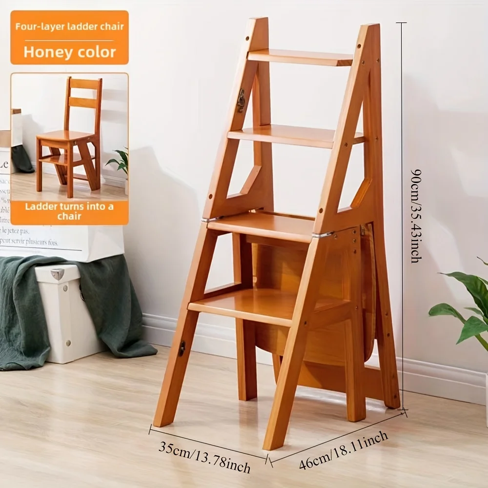 Foldable 4 Step Wooden Ladder Stool Multi-Functional Home Step Ladders Storage Shelf - Image 3