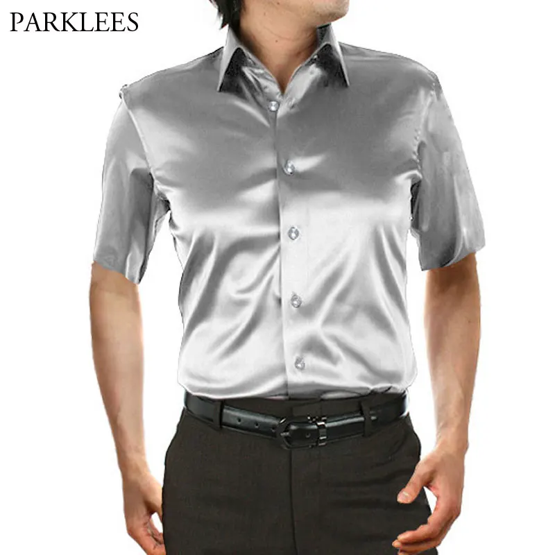 Stylish Gold Silk Satin Shirt Men Chemise Homme 2019 Casual Short Sleeve Slim Fit Mens Dress Shirts Business Camisa Masculina 5