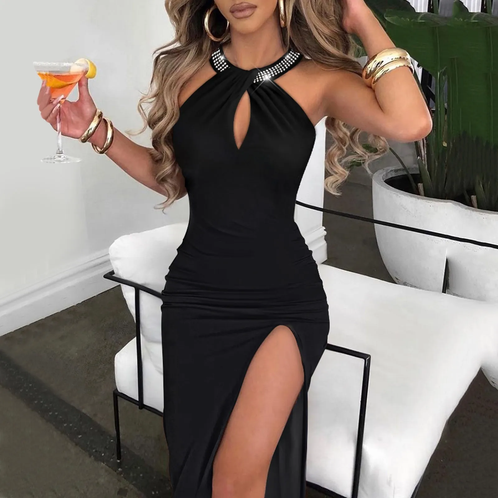 

Women Sexy Halter-Neck Dress Rhinestone Split Hem Dress Hollow Slim Maxi Dress Evening Party Ball Gown Dresses Black Long Dress