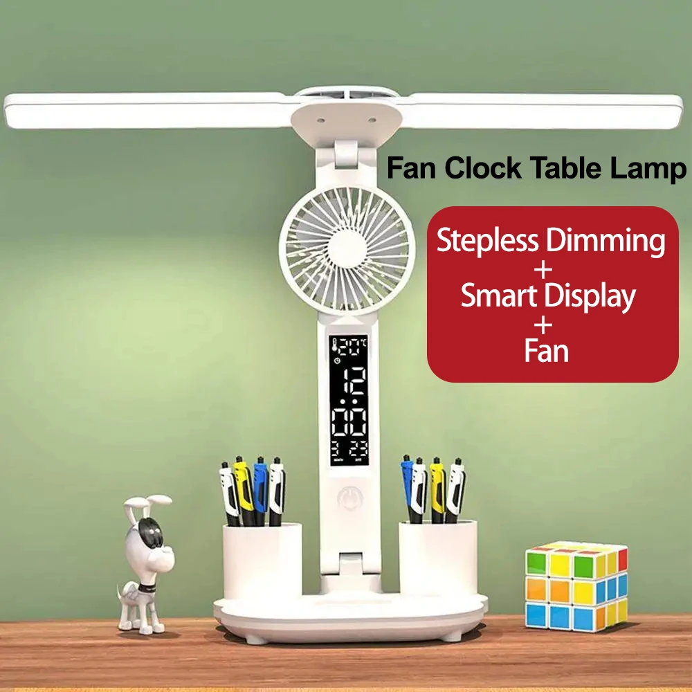 Fan Clock Desk Lamp LED Foldable Both End with Fan Smart Display Clock USB Rechargeable Desk Lamp Learning and Reading Desk Lamp