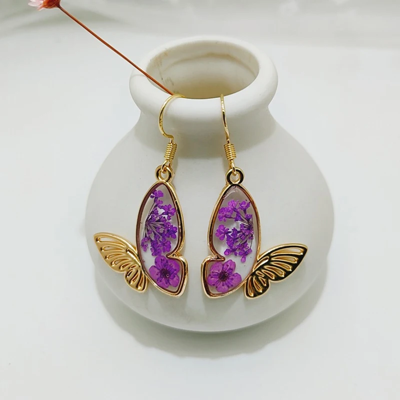 Unique Butterfly Earrings With Flowers Inside Cute Epoxy Resin Pressed Flower Earring Fashion Butterflies Natural Floral Jewelry rose flower molds diy crystal epoxy resin mold concrete plaster cup mat mould jewelry storage tray