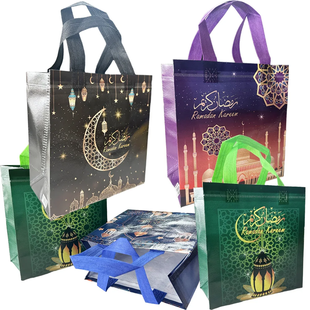 

8Pcs Eid Mubarak Reusable Gift Bags Treat Bags with Handles Ramadan Multifunctional Non Woven Wrapping Kareem Party Supplies