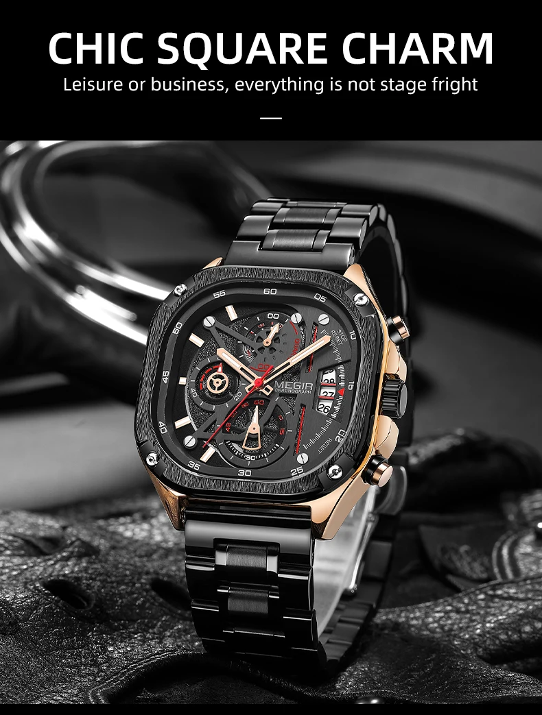 Quartz Wristwatch for Men Black | MEGIR Waterproof Square Dial Watch with Chronograph Stainless Steel Strap