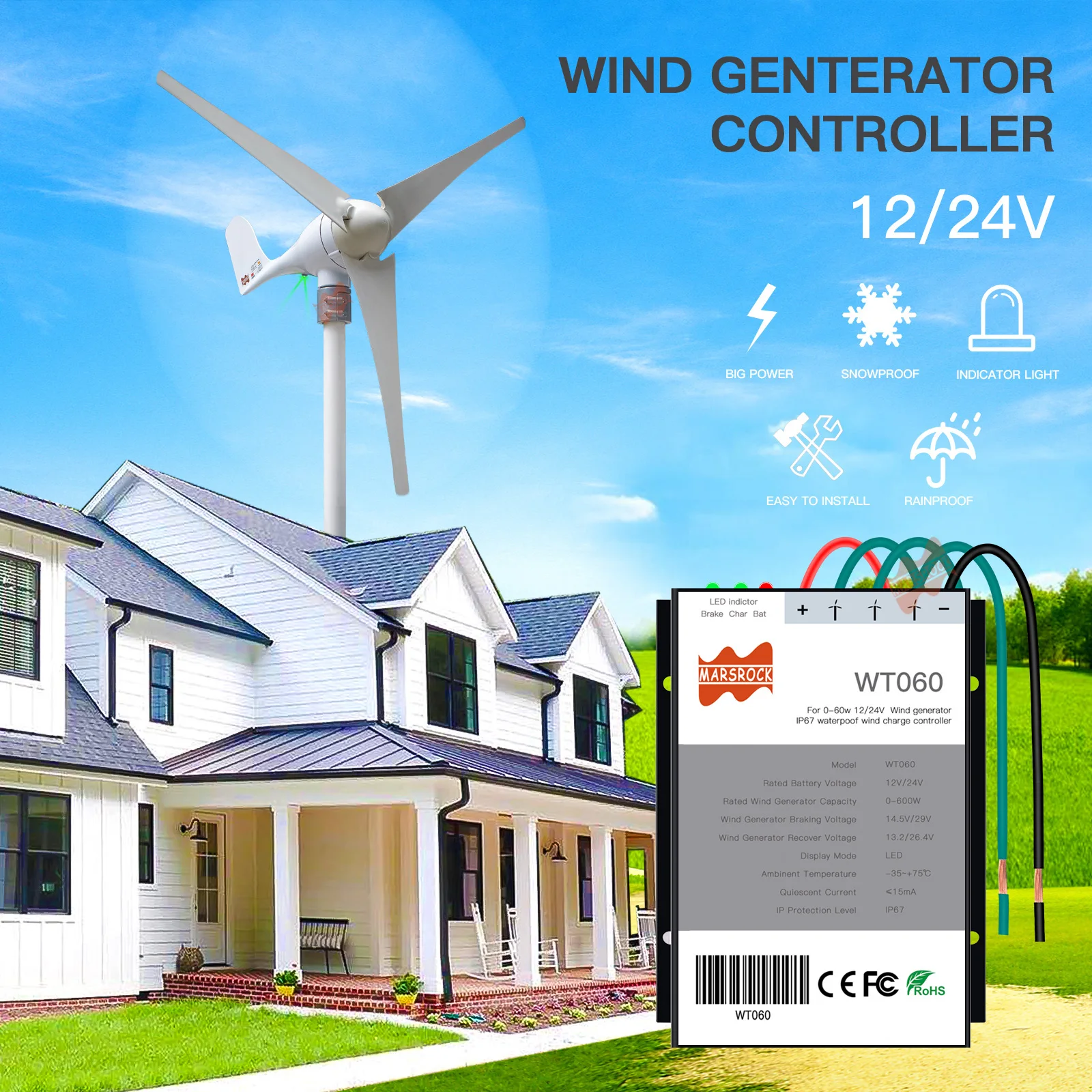 600W Wind PWM Controller 12 24V Auto DC Wind Power Charger For Turbine Generator Regulator Windmill IP67 System