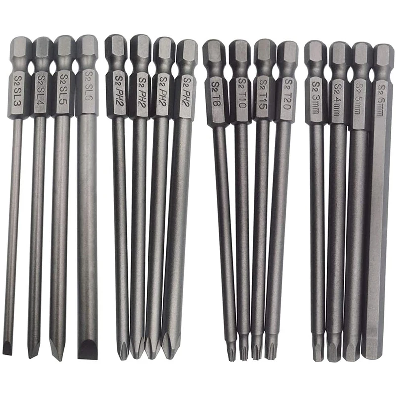 

16Pcs Long Magnetic Screwdriver Bits Set Slotted+Cross+Hex+Torx Drill Bit Set 1/4 Inch Hex Shank 100mm Length