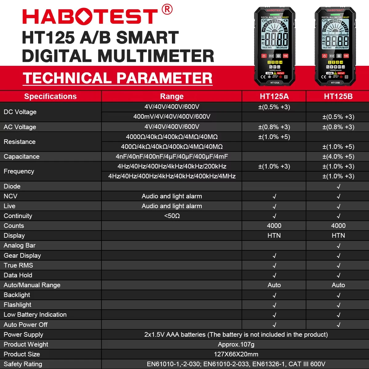 Digital Multimeter Tester Voltage Meter HABOTEST HT125