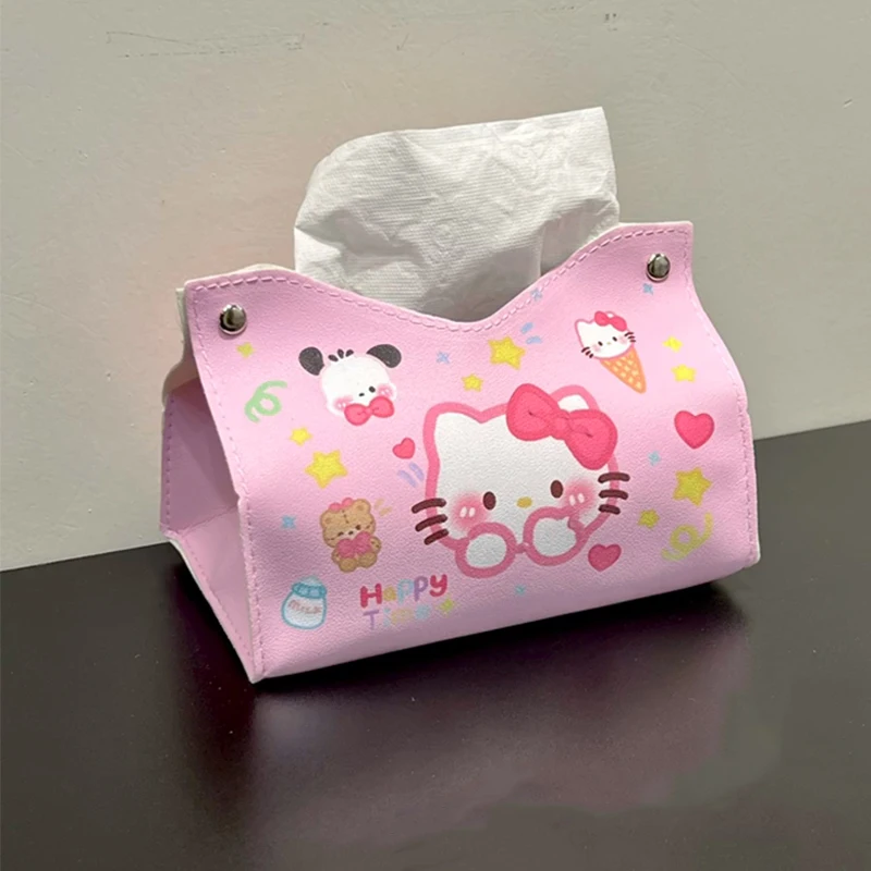 Sanrio Kawaii HelloKitty Tissue Box Living Room Bedroom Home Cinnamoroll Kuromi Cute Cartoon Leather Tissue Box School Supplies