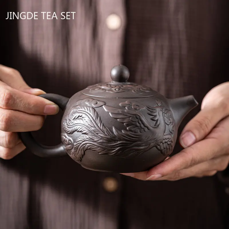 Chinese Yixing Purple Clay Teapot Hand Carving Dragon Pattern Beauty Tea Kettle Classic Ball Hole Filter Pot Zisha Tea Sets
