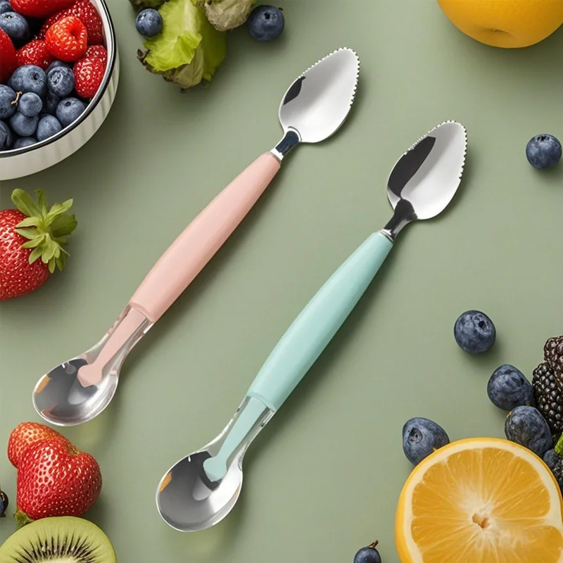 Stainless Steel Baby Cutlery Silicone Double Head Scraping Fruit Puree Spoon Complementary Food Spoon Baby Pure Spoon Baby Thing