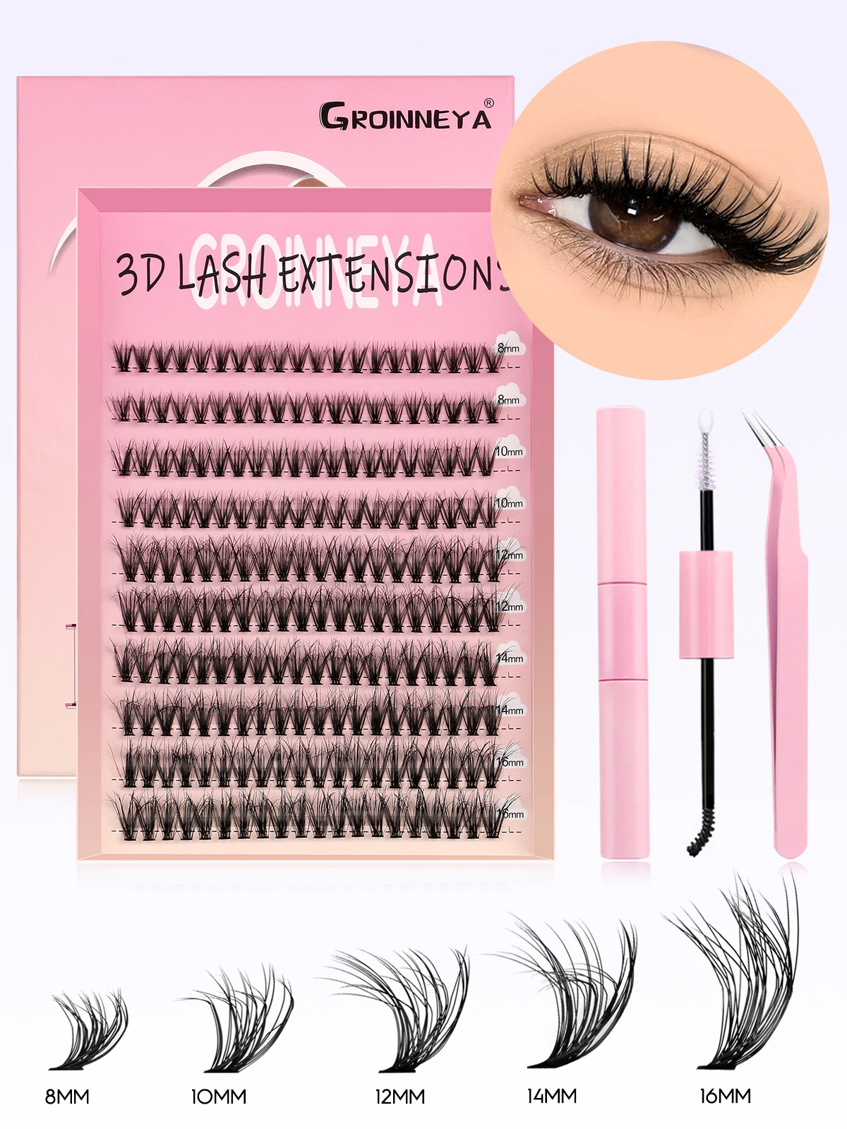 Fake Eyelashes Lash Extension Kit Eyelash Set DIY Lash Kit Thick 8-16mm Fluffy Lash Clusters Mixed Tray Individual Eyelashes Kit with Bond DIY Lashes Extension