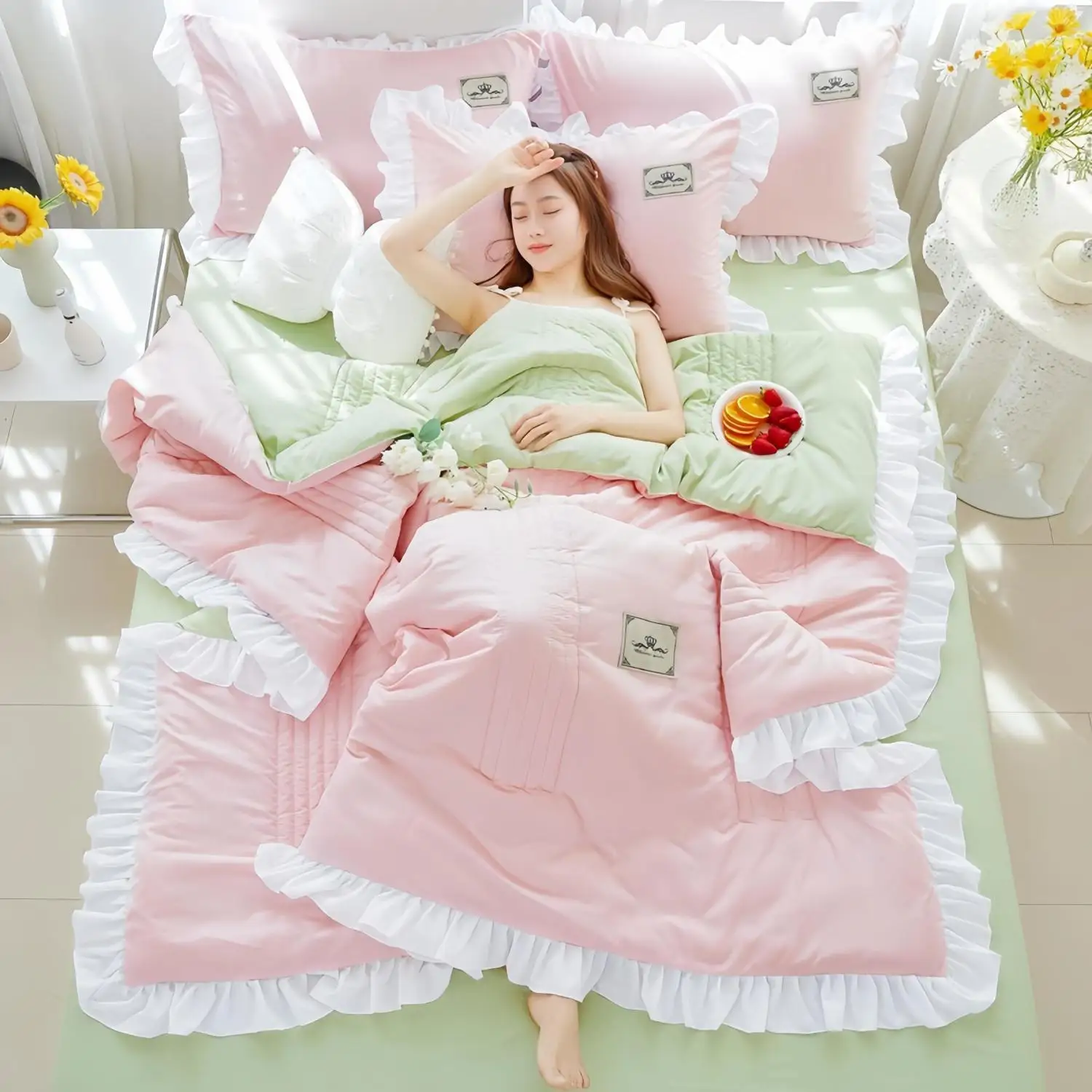 Summer Quilt Set Korean Version Lace Summer Cool Quilt Washable Cotton Machine Washable Summer Quilt Sheets Two Person Air-conditioned Quilt