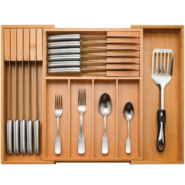 in Drawer Bamboo Knife Block and Cutlery Storage Organizer, Holds Up