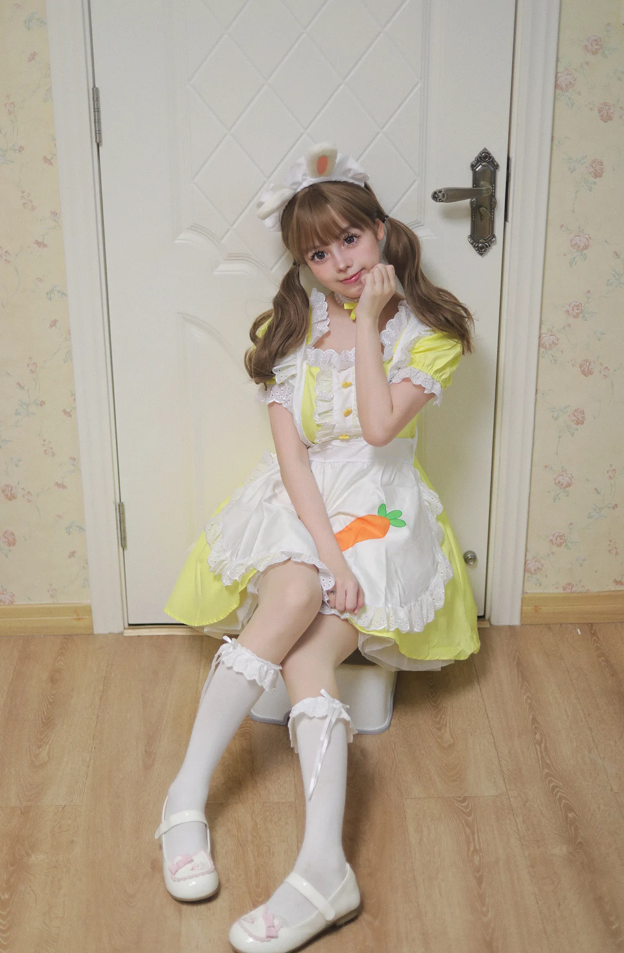 Cosplay Maid Kleid Gelb mit Schürze Anime Lolita Kostüm Damen 9
