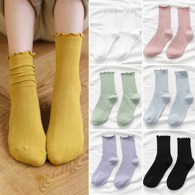 

1Pair Autumn Winter Women Socks Kawaii Cute Frilly Ruffle Socks Cotton Japanese Fashion Crew Socks Female Calcetines