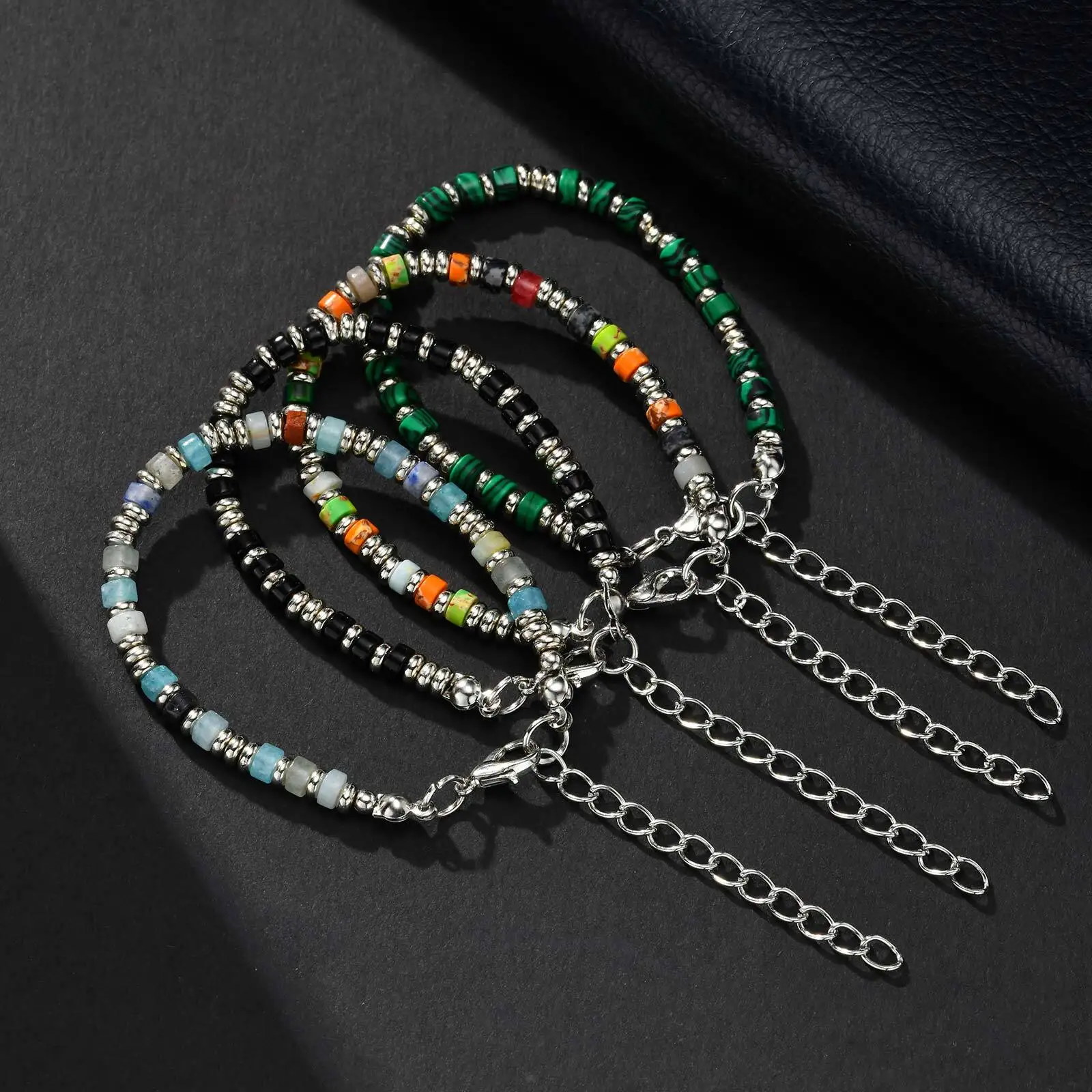 Men's Crystal Wheel Beads Bracelet,4mm Natural Stone Metal Wheel Beaded Bracelet,Adjustable Wristband Gift