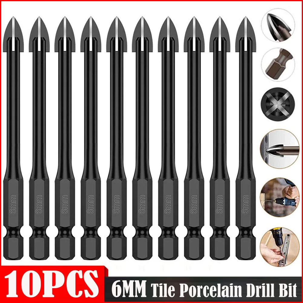 10Pcs 6mm Cross Hex Drill Bit Set For Tile Porcelain Glass Multifunction Tile Porcelain Drill Bit Kit Tungsten Carbide Drills