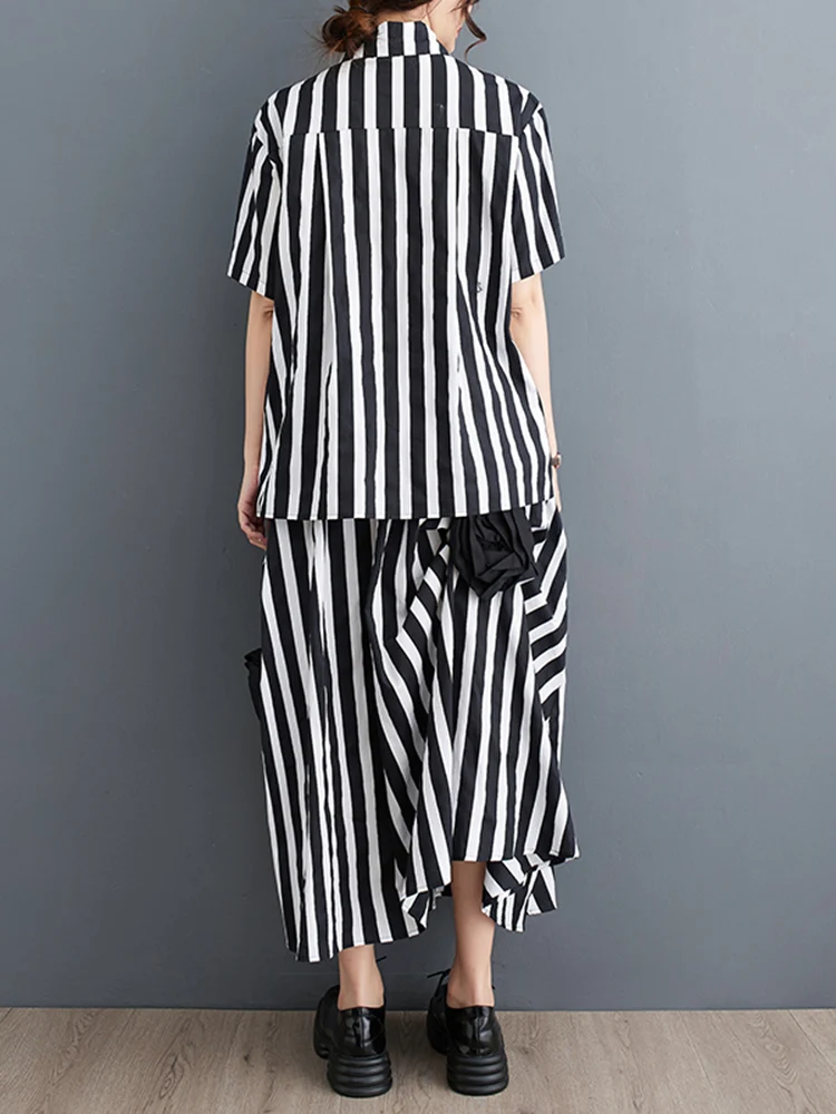 Summer Stripe Floral Casual 2 Two Piece Set Oversized Short Sleeve Loose Blouse Women Shirt Top Fashion Clothing Skirt Suit 2025