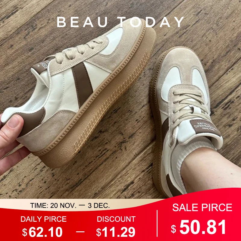 BEAUTODAY Sneakers Women Suede Leather Sports Flats Mixed-colors Lace-up Round Toe Ladies Vulcanize Shoes Handmade 29864