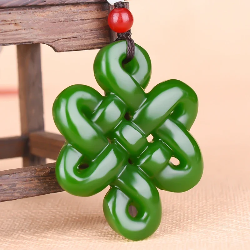 

Natural Green Hand Carved Chinese Knot Jade Pendant Fashion Boutique Jewelry Men's and Women's Auspicious Knot Necklace Gift