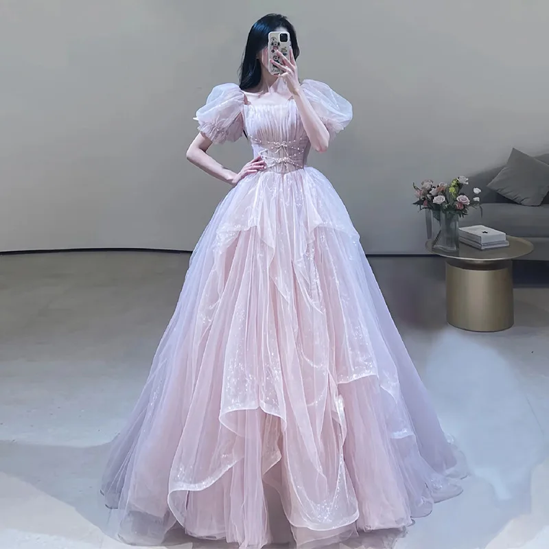

Senior Pink Woman Cocktail Dresses Sequare Collar Puff Sleeve Tulle Short Sleeve Floor Length Quinceanera Wedding Toasting Gown