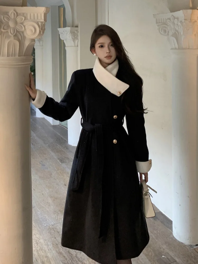 Breasted Mid Length Woolen Coat For Women In Winter With Contrasting Lapel Collar For A High-end Feel, Loose And Shiny Woolen