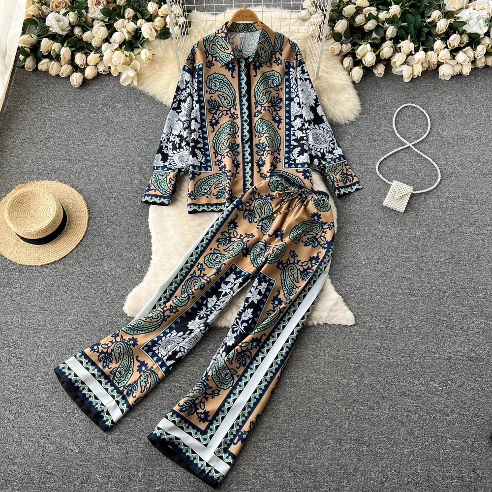 

Vintage premium print temperament celebrity suit women's casual loose long sleeved shirt wide legged pants two piece set fashion