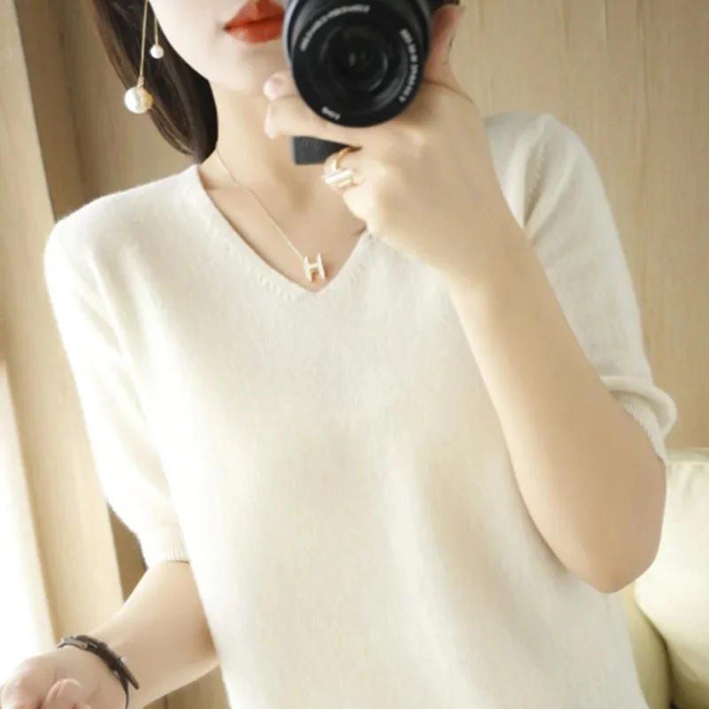 

Spring Summer Women Sweaters Short Sleeves V-neck Bottoming Shirt Knitwear 2023 Camel Green Pink Pullovers Korean Jumpers