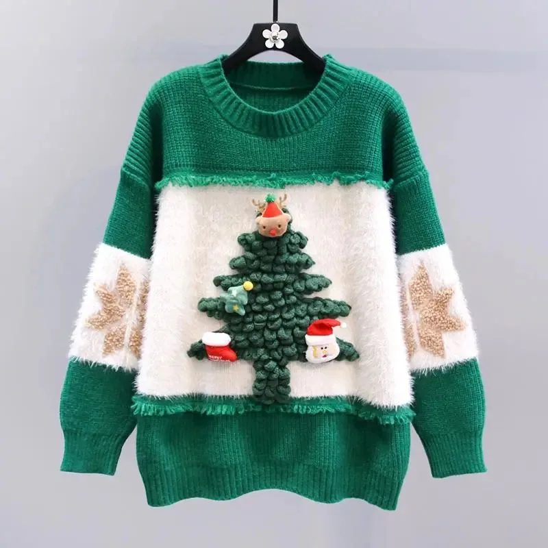 

Новинка Зима 2024, Рождественский свитер, Женская свободная Базовая Трикотажная одежда с круглым вырезом, женский джемпер, плюшевый Повседневный женский свитер