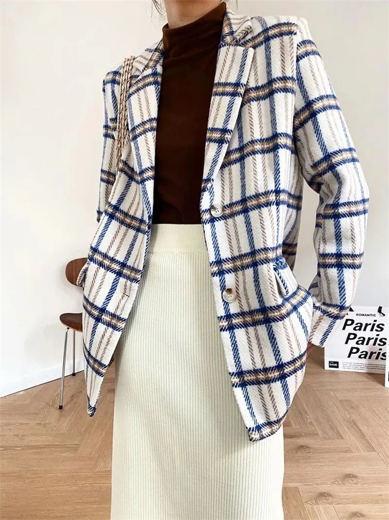 White Plaid Blazer Suit Office Lady Fashion Contrast Colors Woolen Blazer Women 2021 Spring Autumn Casual Commute Plaid Coat New