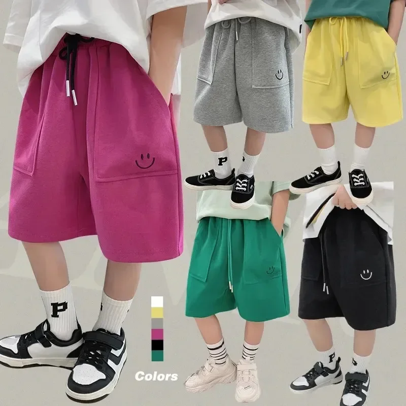 New Hot Sale Of The Season Boys Embroidered Loose Fit Five-Quarter Pants Casual Comfortable Spring Summer Children's Smiling Fac
