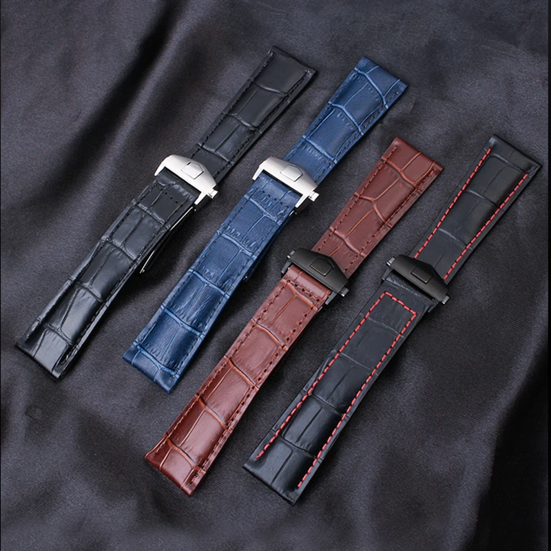 

For TAG Heuer Calera leather watchband Blue brown black red line crocodile leather Men's watch strap accessories 19mm 20mm 22mm