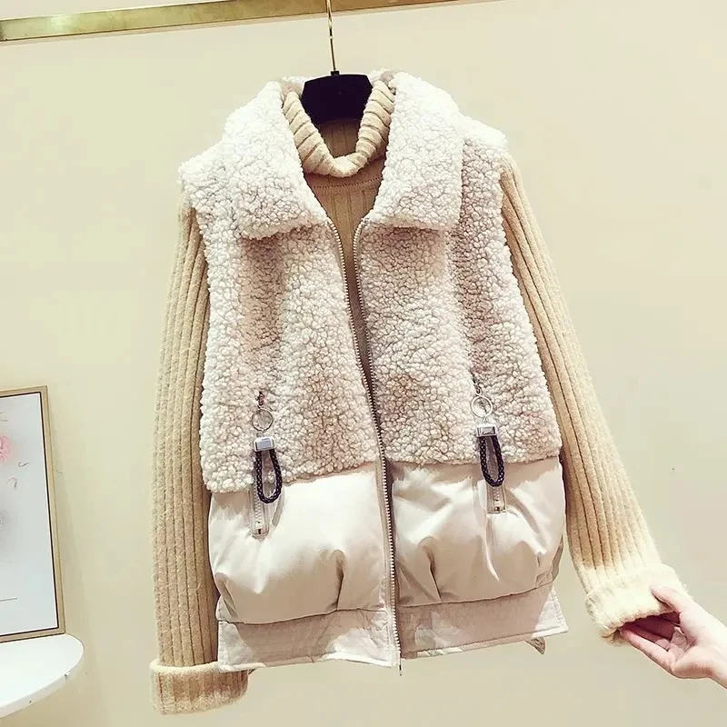 

Autumn Winter New Imitation lamb Wool Vest Jacket Women Splicing Short Down Cotton Vest Female Korean loose Warm Vest Ladies