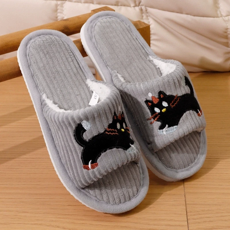 Cartoon Embroidery Cat Women's Slippers Spring Autumn Funny Flat Heel Corduroy Slides Woman Indoor Non Slip Home Cotton Slippers