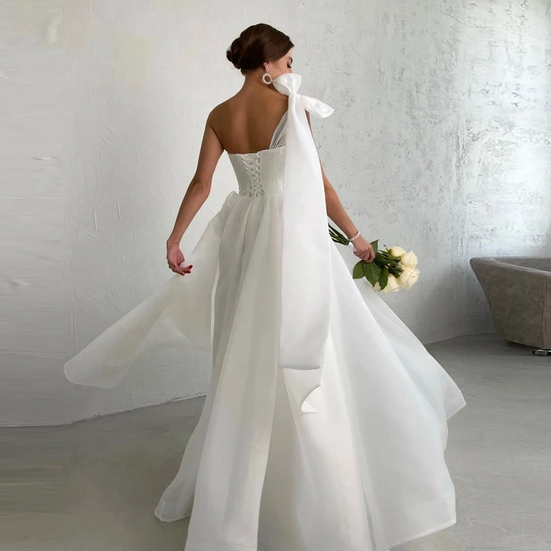 

High Quality Organza Bridal Dresses One Shoulder Bow Tulle A Line Wedding Gowns Floot Length Wedding Dress Lace-up Back