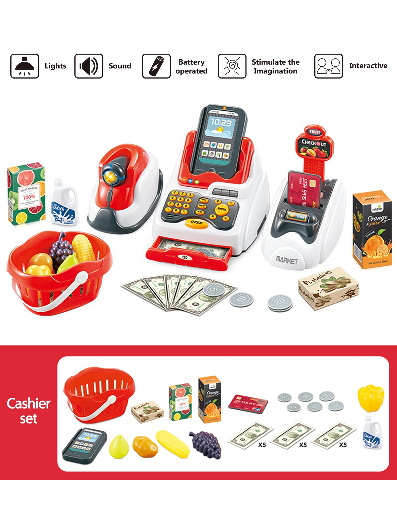 Grocery Store Pretend Play Electronic Toy Kids Cash Register, Grocery Supermarket Playset Play Cash Register 3