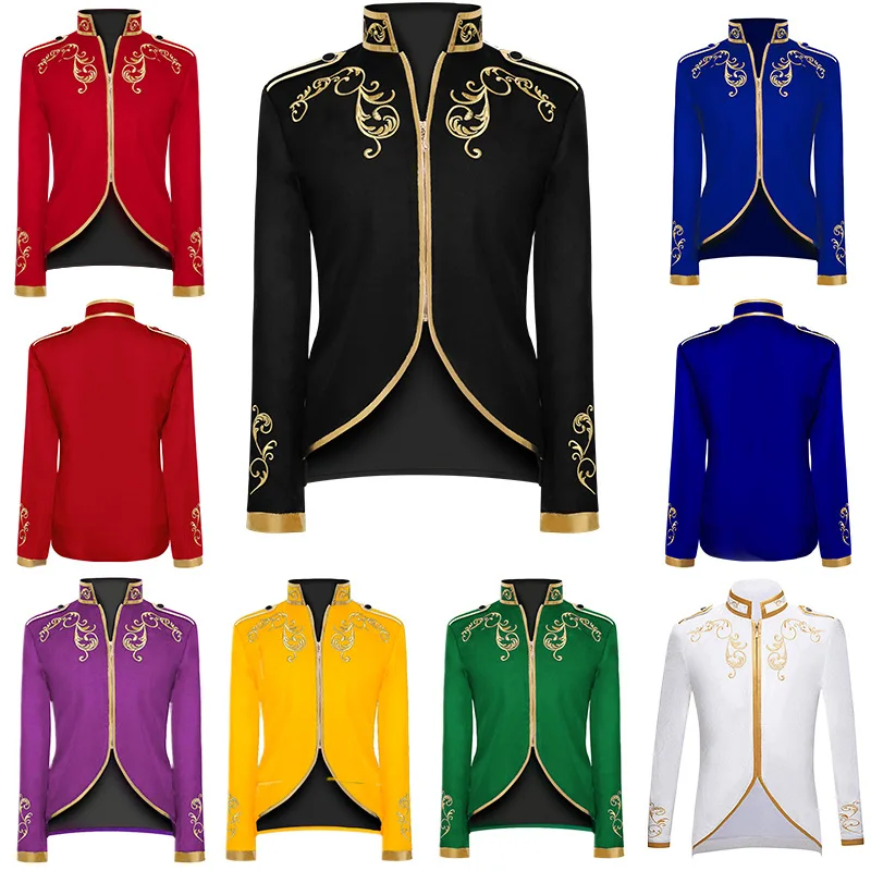 Men Medieval Victoria European Court King Cosplay Costume Coat Halloween Carnival Party Knight Embroidery Stand Collar Jacket