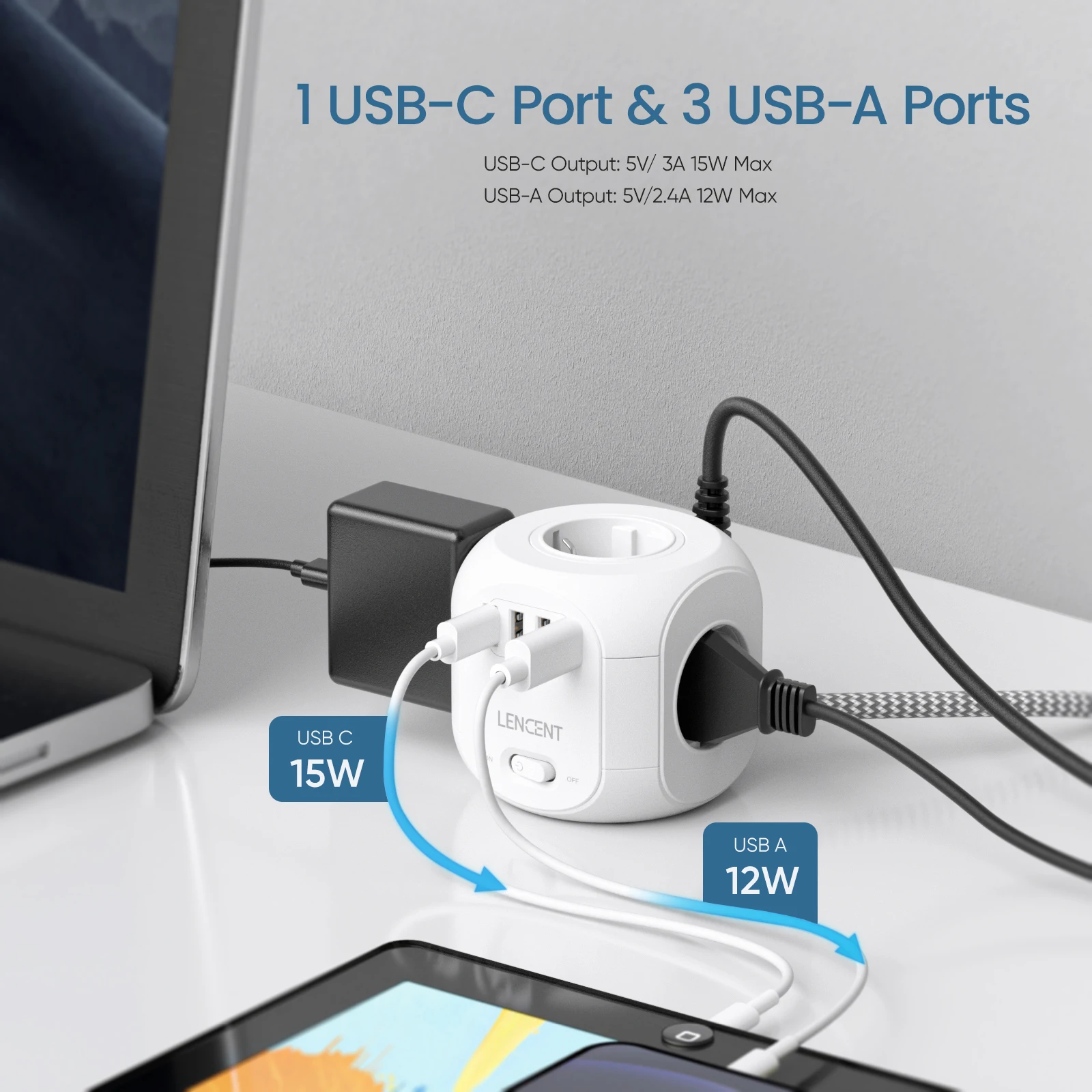 LENCENT-adaptador de corriente de cubo de enchufe múltiple FR, 3 puertos  USB, 3 salidas de