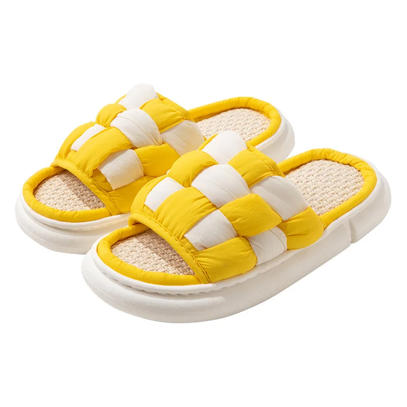 Simple Flax Lattice Spring Summer Women Slippers Home Floor Slippers for Women Couples Feeling Soft Bottom Linen Slippers