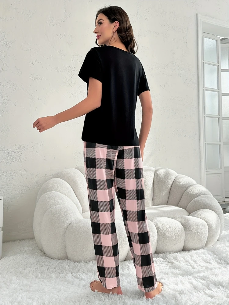 Spring Summer Women's Thin Milk Silk Pajamas Short Sleeve T-shirts Plaid Print Pants Comfortable Casual Home Clothing Set