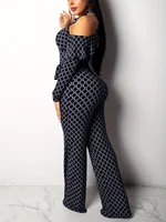 Plaid Print Rompers Womens Jumpsuit Off Shoulder Ruffles Long Sleeve Bandage Overall Elegant Belted Plus Size Wide Leg Bodysuit - Image 4
