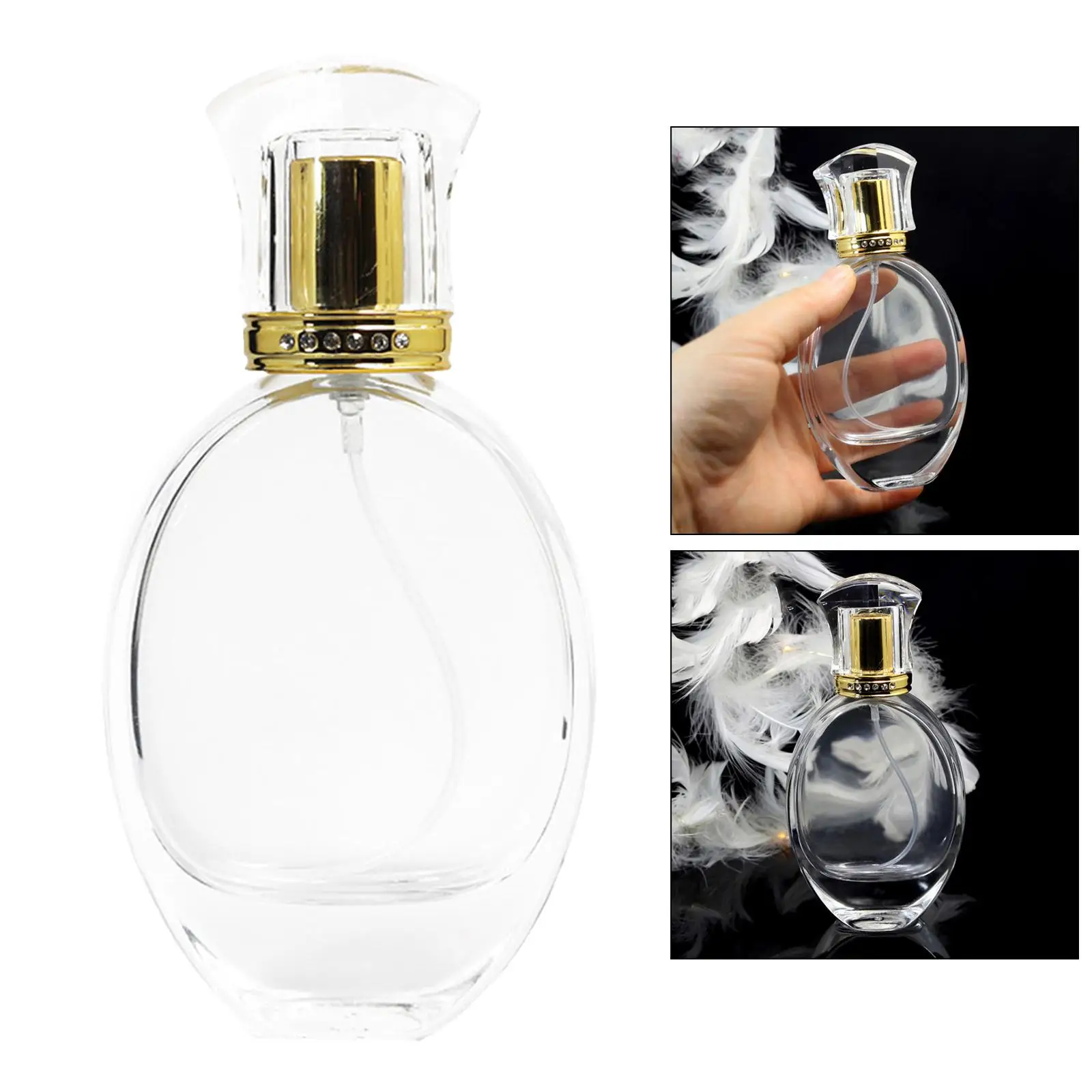 1.7OZ 타원형 빈 리필 가능 투명 크리스탈 유리 화장품, 메이크업 향수 분무기 병, 50ml